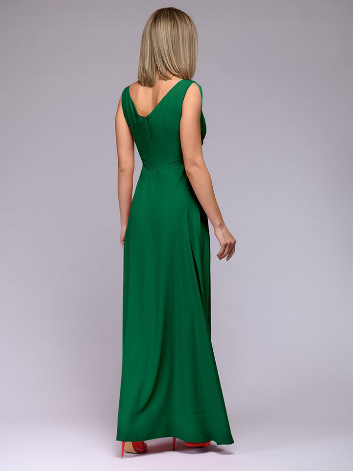 Damen elegantes Maxikleid mit tiefem V-Ausschnitt und Schlitz