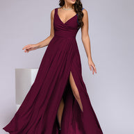 WW | Elegantes Maxi Kleid Mit Tiefem V-ausschnitt Und Schlitz