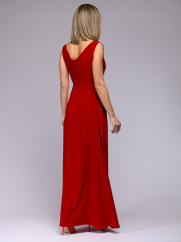 Damen elegantes Maxikleid mit tiefem V-Ausschnitt und Schlitz