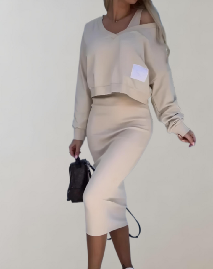 W&W Mode | 3-teiliges Strick-Set - V-Ausschnitt Top und Midi-Rock für Damen