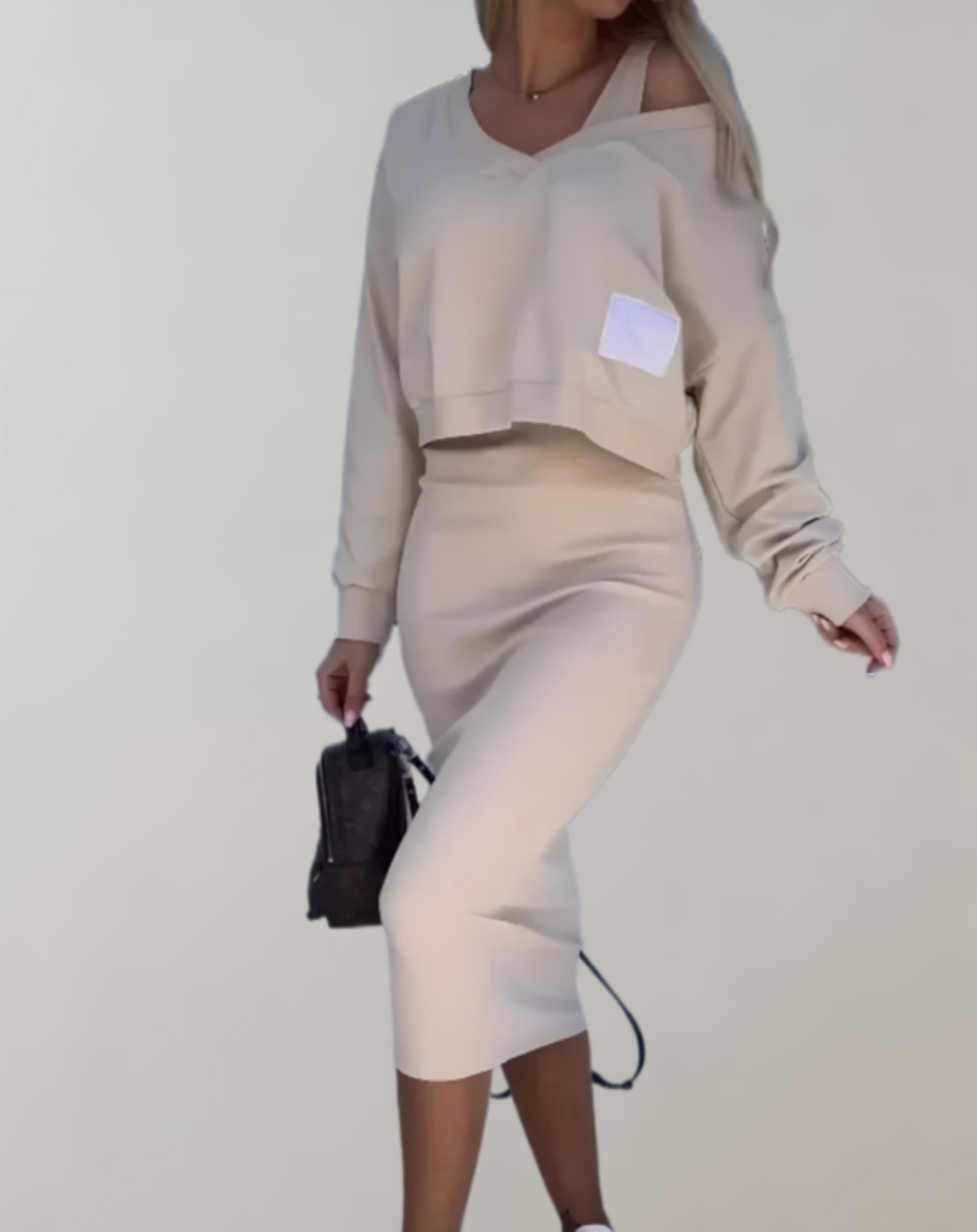 WW | 3-teiliges Strick-Set - V-Ausschnitt Top und Midi-Rock für Damen