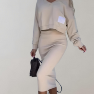 WW | 3-teiliges Strick-Set - V-Ausschnitt Top und Midi-Rock für Damen