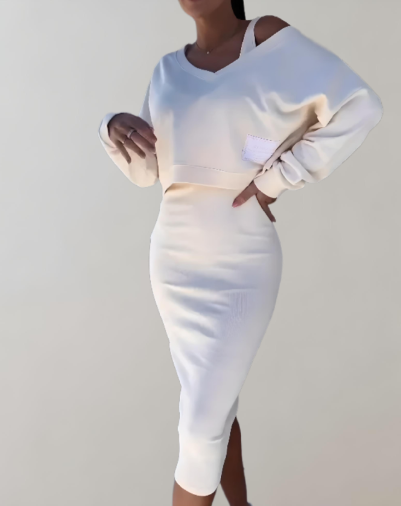 WW | 3-teiliges Strick-Set - V-Ausschnitt Top und Midi-Rock für Damen