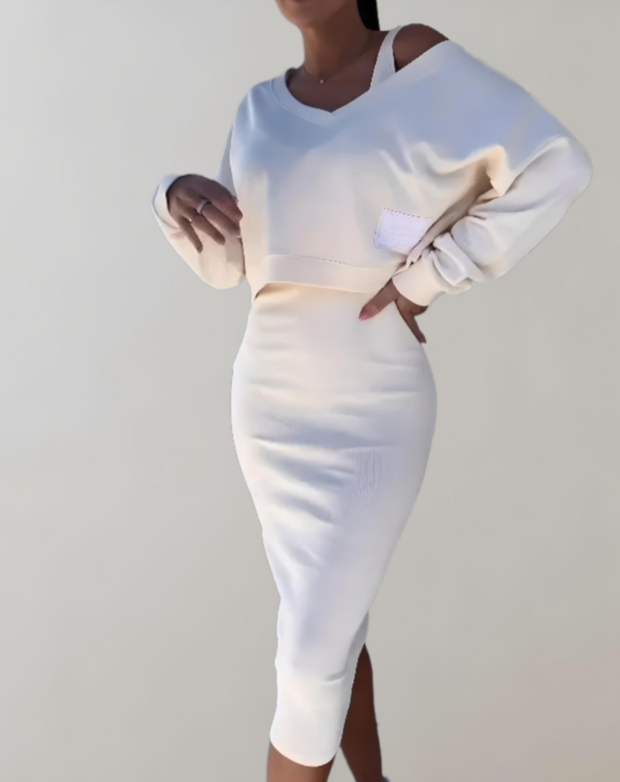 WW | 3-teiliges Strick-Set - V-Ausschnitt Top und Midi-Rock für Damen