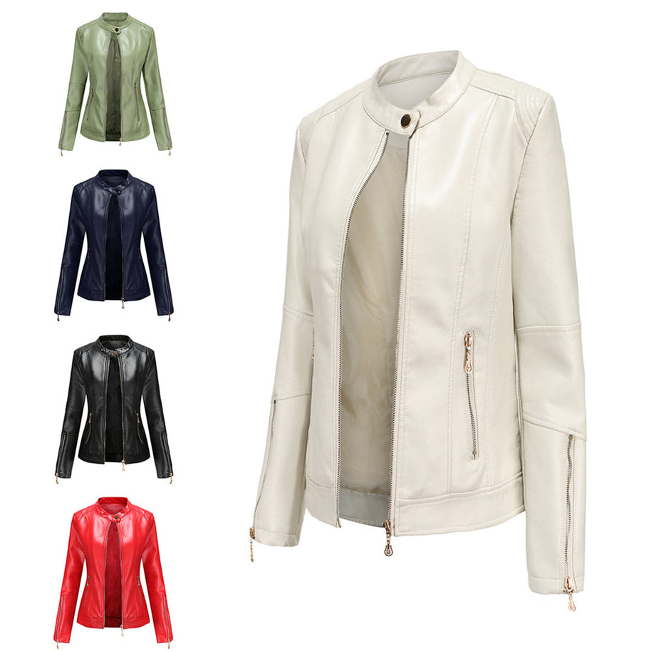 WW | Elegante Lederjacke mit Rundkragen und Knopfverschluss für Damen