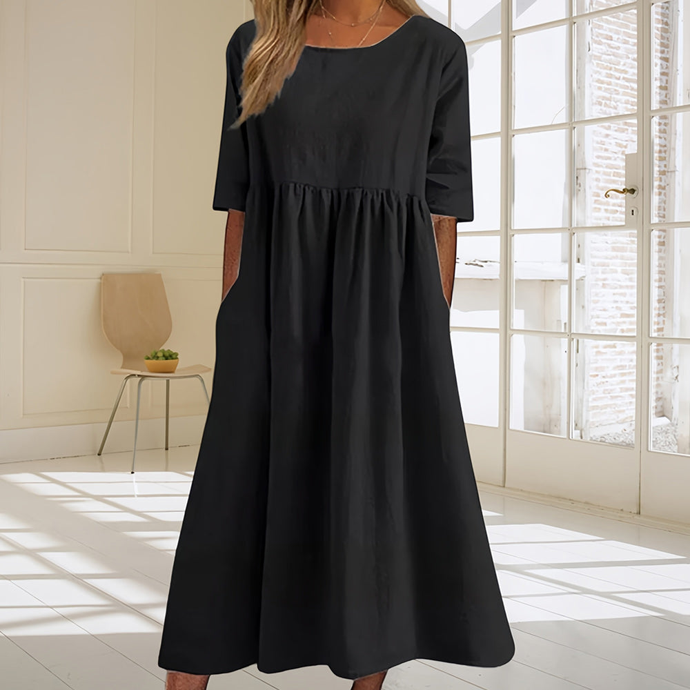W&W Mode | lässiges, lockeres Sommerkleid aus Baumwolle und Leinen mit Rundhalsausschnitt