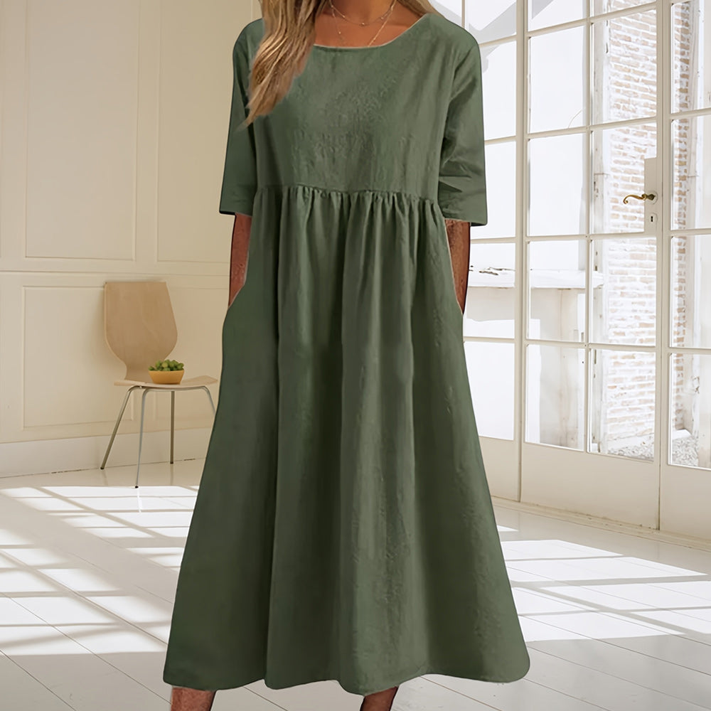 W&W Mode | lässiges, lockeres Sommerkleid aus Baumwolle und Leinen mit Rundhalsausschnitt