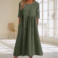 WW | lässiges, lockeres Sommerkleid aus Baumwolle und Leinen mit Rundhalsausschnitt