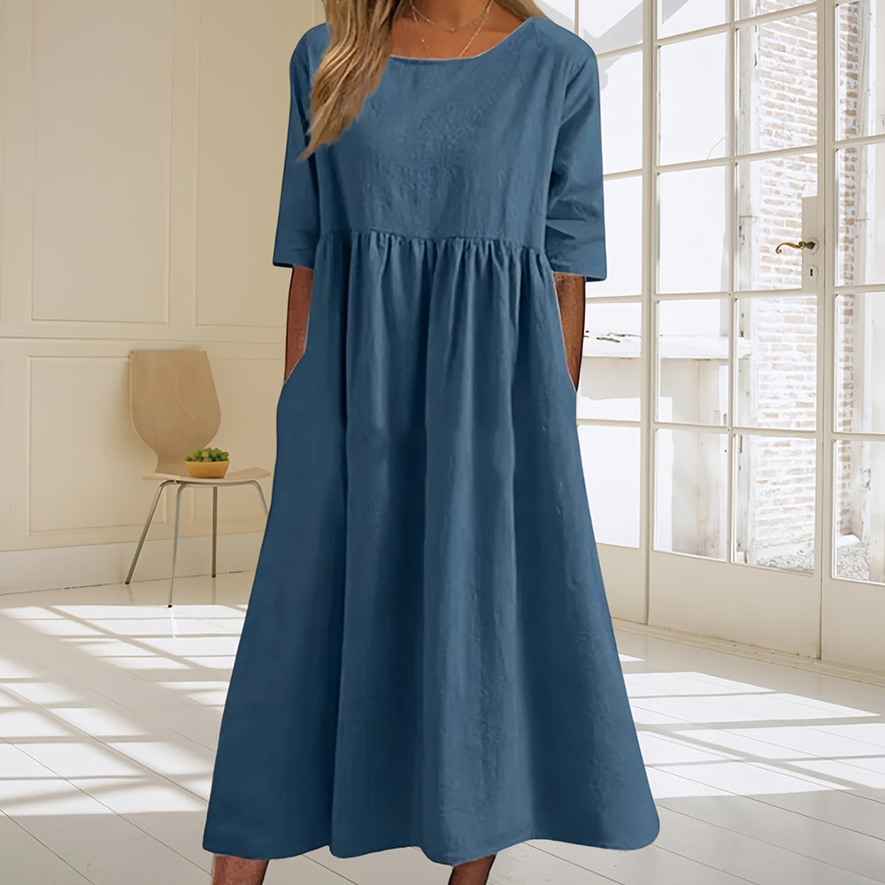 W&W Mode | lässiges, lockeres Sommerkleid aus Baumwolle und Leinen mit Rundhalsausschnitt