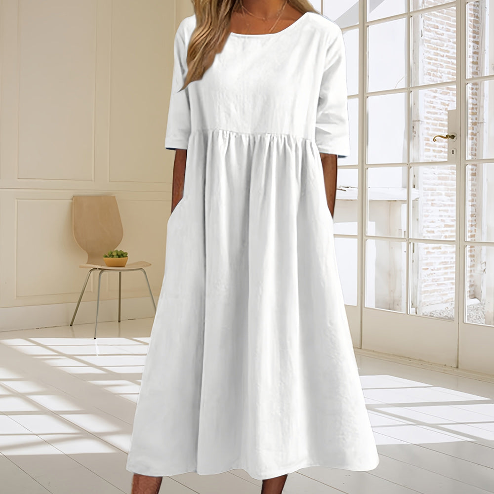 W&W Mode | lässiges, lockeres Sommerkleid aus Baumwolle und Leinen mit Rundhalsausschnitt