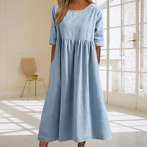W&W Mode | lässiges, lockeres Sommerkleid aus Baumwolle und Leinen mit Rundhalsausschnitt
