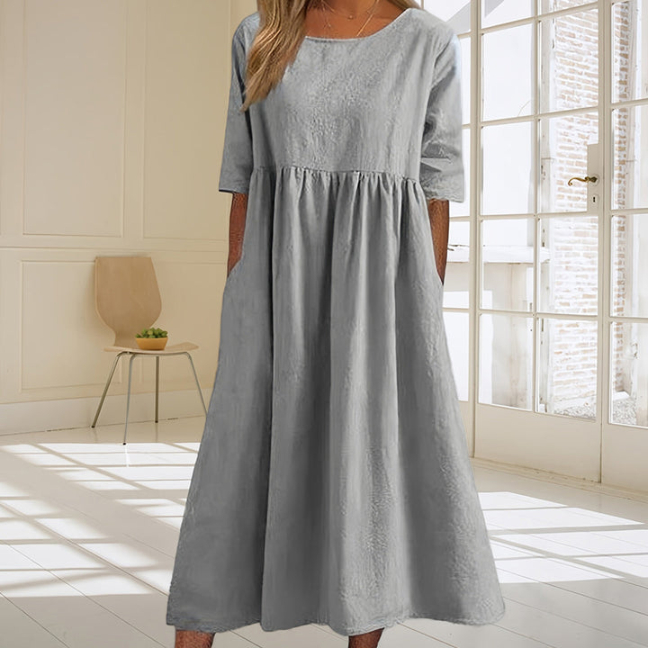 W&W Mode | lässiges, lockeres Sommerkleid aus Baumwolle und Leinen mit Rundhalsausschnitt