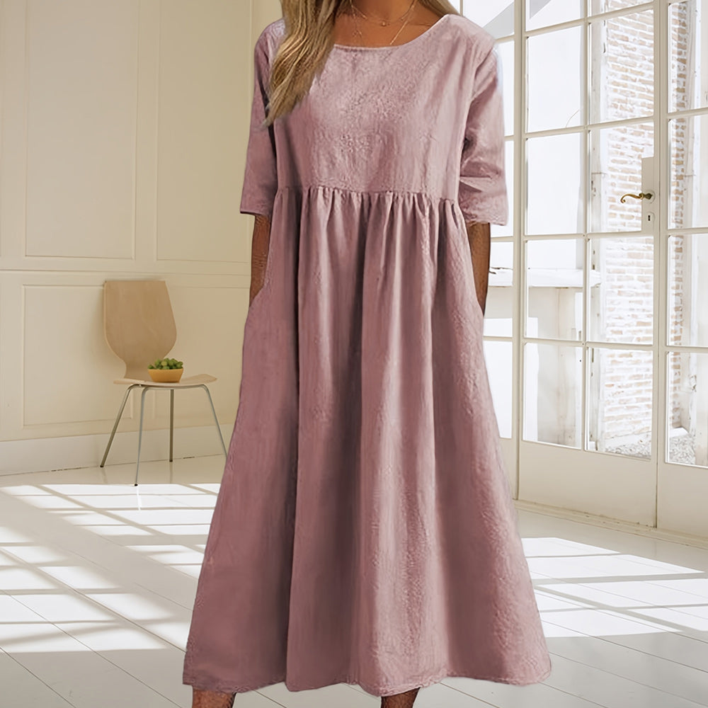 W&W Mode | lässiges, lockeres Sommerkleid aus Baumwolle und Leinen mit Rundhalsausschnitt