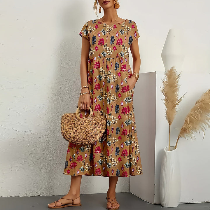 Damen Midikleid aus Baumwoll-Leinen-Mix mit Rundhalsausschnitt