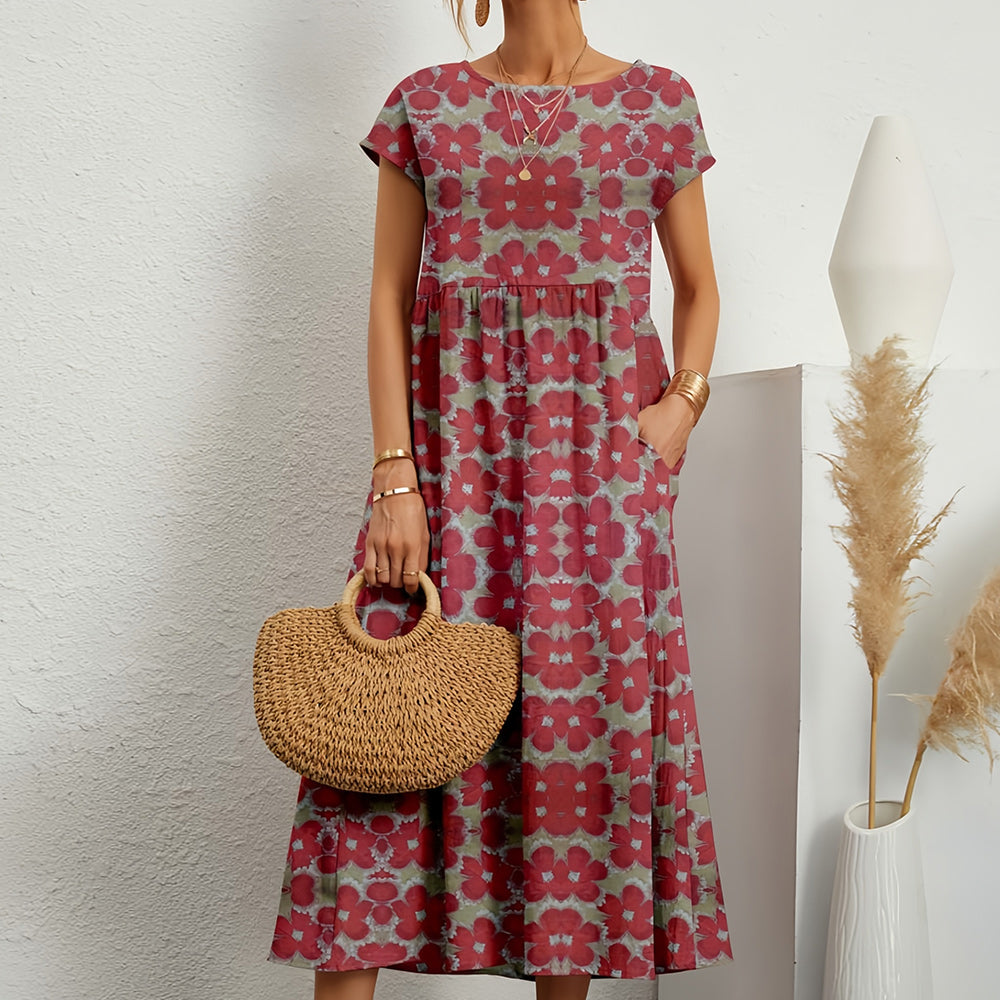 Damen Midikleid aus Baumwoll-Leinen-Mix mit Rundhalsausschnitt