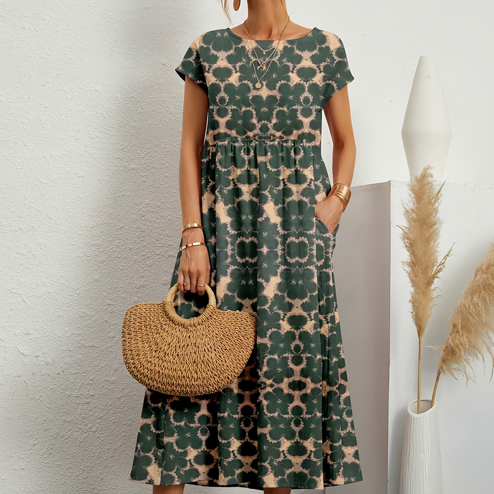 Damen Midikleid aus Baumwoll-Leinen-Mix mit Rundhalsausschnitt