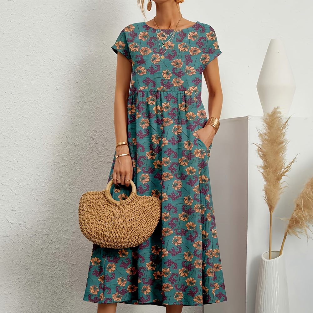 Damen Midikleid aus Baumwoll-Leinen-Mix mit Rundhalsausschnitt