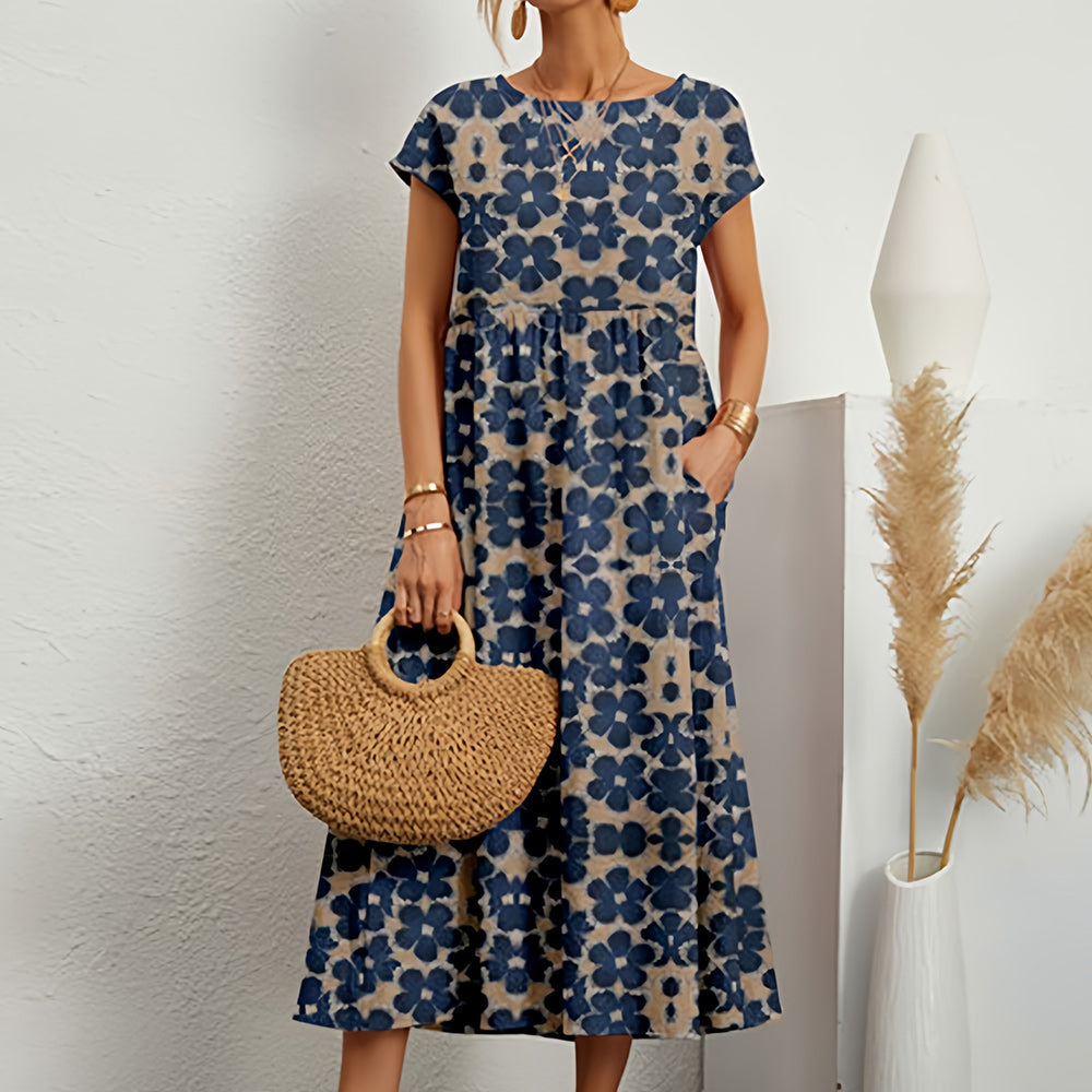 Damen Midikleid aus Baumwoll-Leinen-Mix mit Rundhalsausschnitt