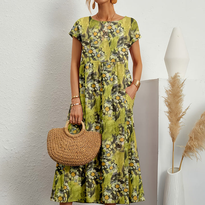 Damen Midikleid aus Baumwoll-Leinen-Mix mit Rundhalsausschnitt