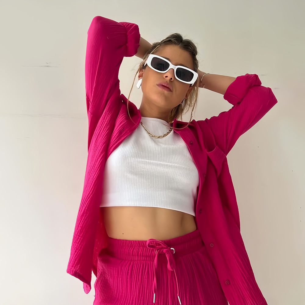 W&W Mode | Sonnenschutz-Shirt-Set für Damen (Langarmshirt + Shorts)