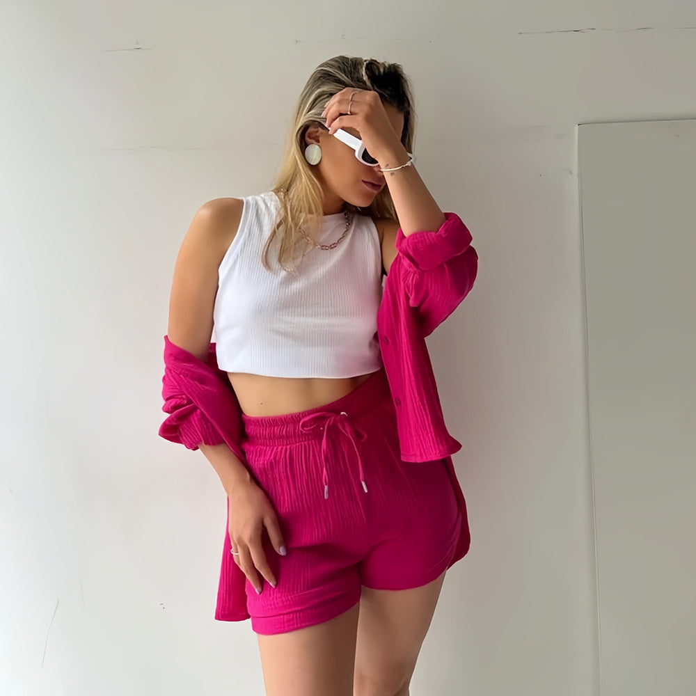 W&W Mode | Sonnenschutz-Shirt-Set für Damen (Langarmshirt + Shorts)
