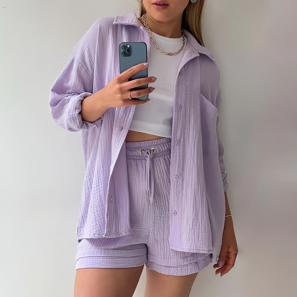 W&W Mode | Sonnenschutz-Shirt-Set für Damen (Langarmshirt + Shorts)