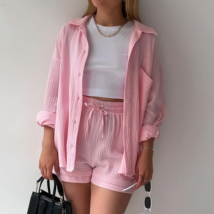 W&W Mode | Sonnenschutz-Shirt-Set für Damen (Langarmshirt + Shorts)