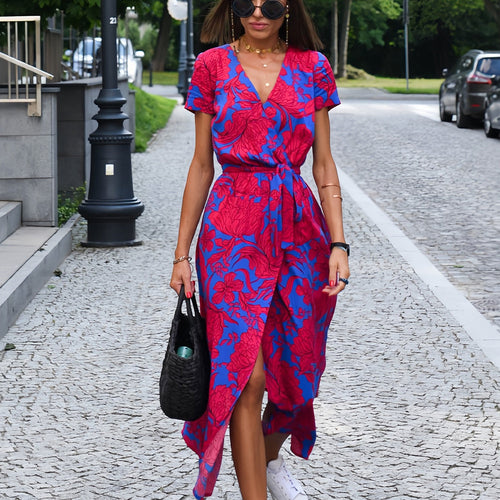 W&W Mode | bedrucktes V-Ausschnitt Sommerkleid mit Schlitz