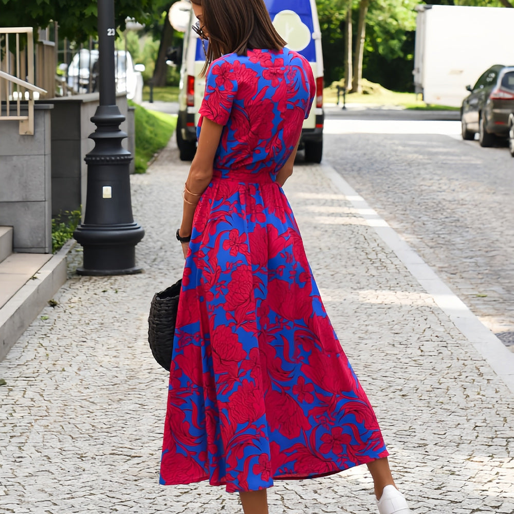 W&W Mode | bedrucktes V-Ausschnitt Sommerkleid mit Schlitz