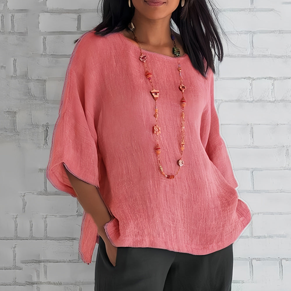W&W Mode | Rosafarbenes, lockeres Rundhals-Shirt mit 3/4-Ärmeln für Damen