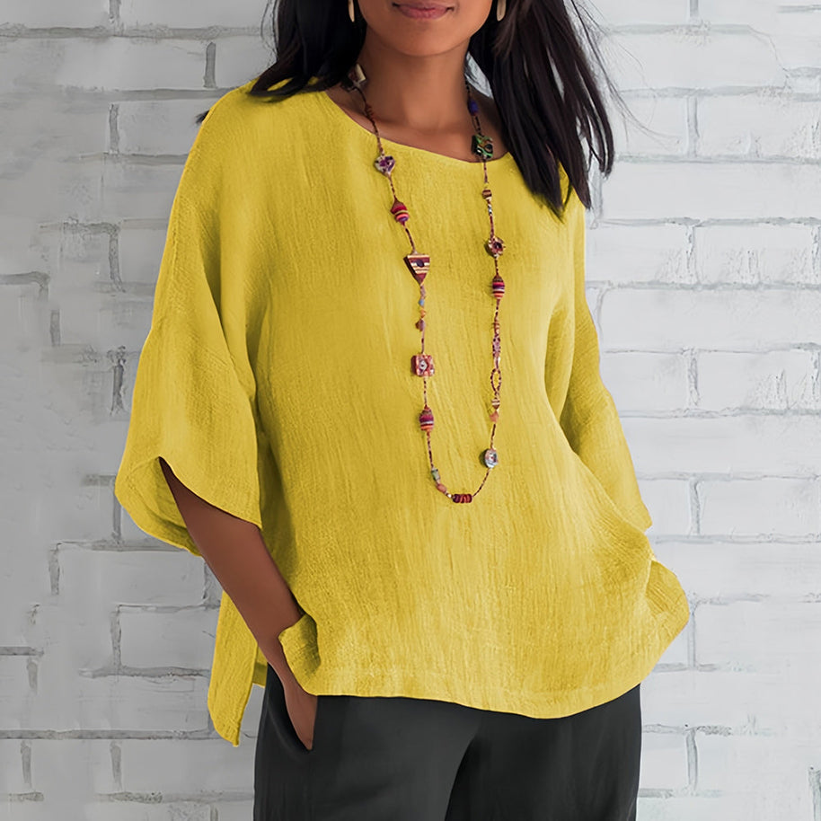 WW | Rosafarbenes, lockeres Rundhals-Shirt mit 3/4-Ärmeln für Damen