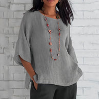 WW | Rosafarbenes, lockeres Rundhals-Shirt mit 3/4-Ärmeln für Damen