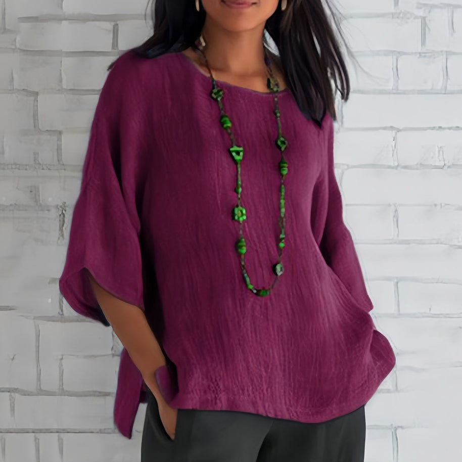 WW | Rosafarbenes, lockeres Rundhals-Shirt mit 3/4-Ärmeln für Damen