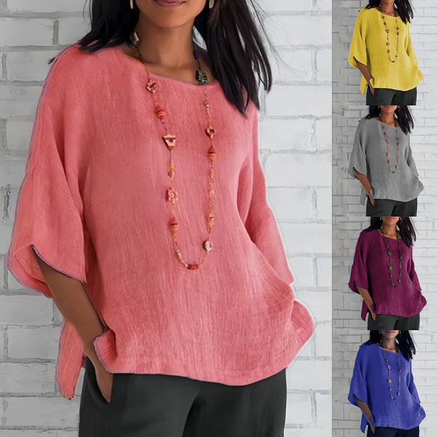 WW | Rosafarbenes, lockeres Rundhals-Shirt mit 3/4-Ärmeln für Damen