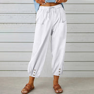 WW | kurze Damen-Overalls aus Baumwolle und Leinen mit Taschen und Knöpfen