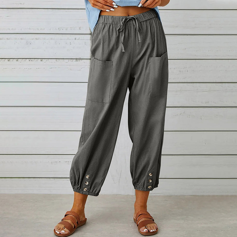 WW | kurze Damen-Overalls aus Baumwolle und Leinen mit Taschen und Knöpfen
