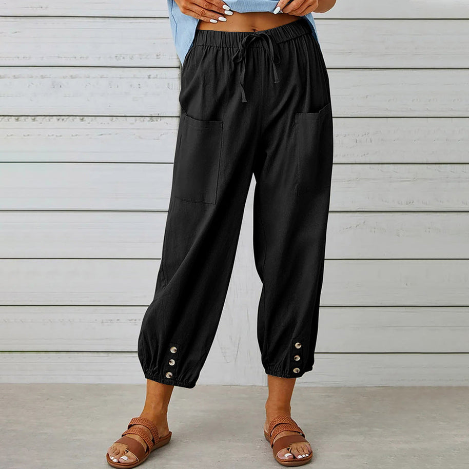WW | kurze Damen-Overalls aus Baumwolle und Leinen mit Taschen und Knöpfen