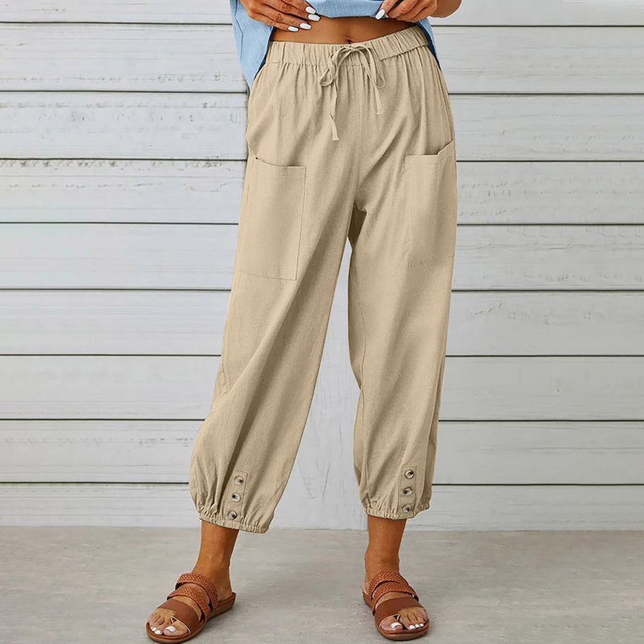 WW | kurze Damen-Overalls aus Baumwolle und Leinen mit Taschen und Knöpfen