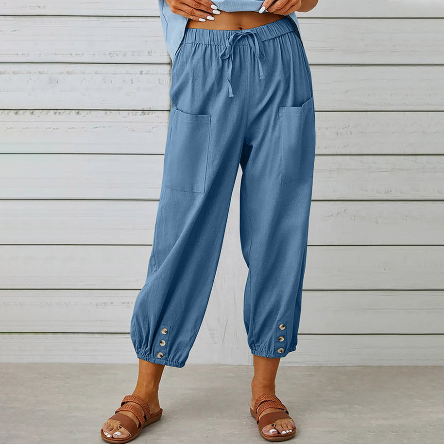 WW | kurze Damen-Overalls aus Baumwolle und Leinen mit Taschen und Knöpfen