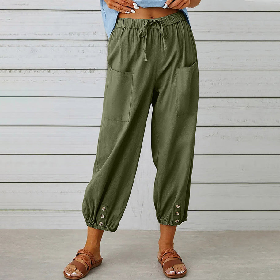WW | kurze Damen-Overalls aus Baumwolle und Leinen mit Taschen und Knöpfen