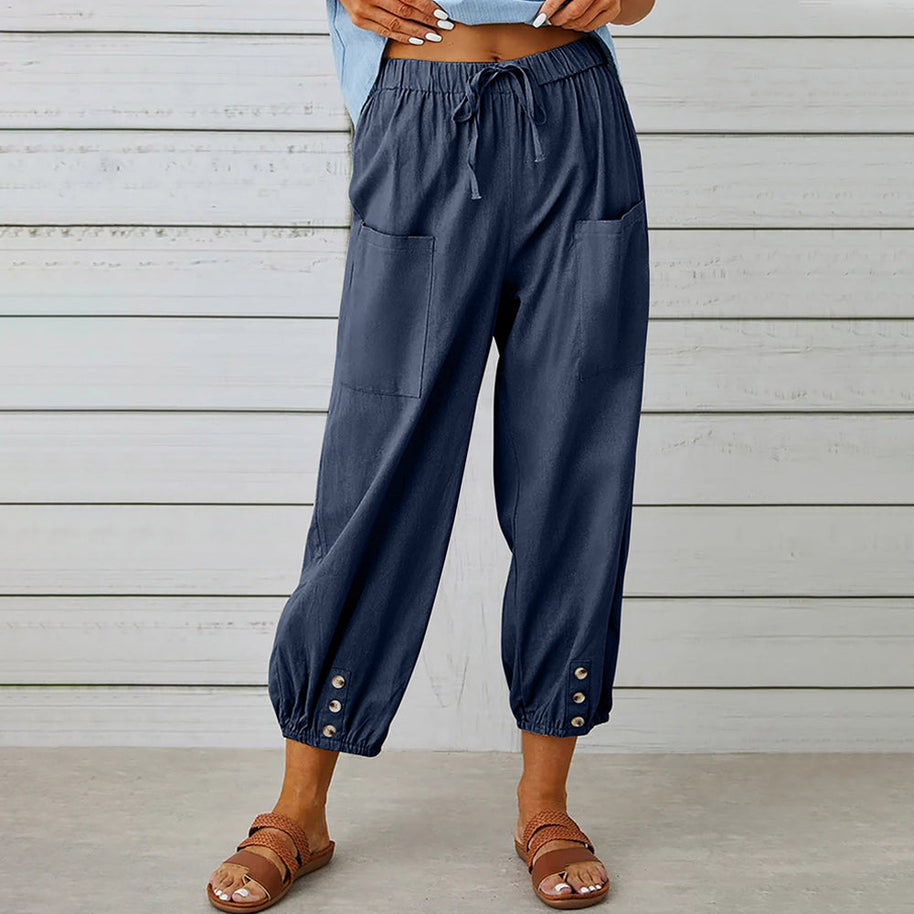 WW | kurze Damen-Overalls aus Baumwolle und Leinen mit Taschen und Knöpfen