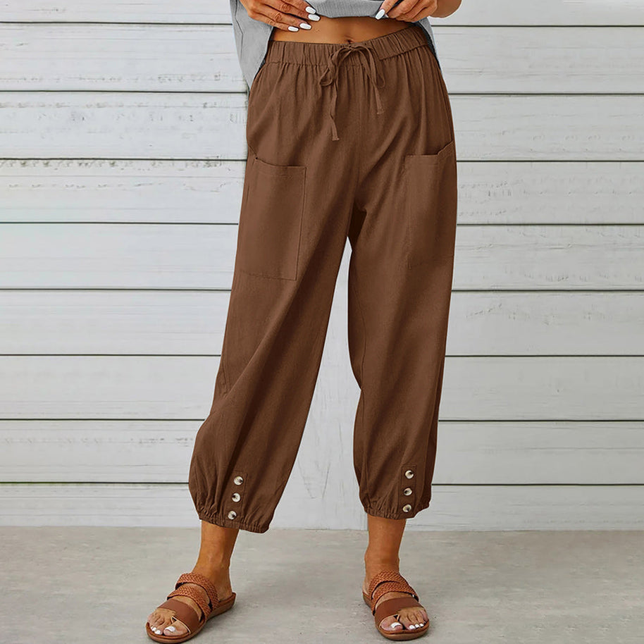 WW | kurze Damen-Overalls aus Baumwolle und Leinen mit Taschen und Knöpfen