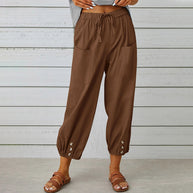 WW | kurze Damen-Overalls aus Baumwolle und Leinen mit Taschen und Knöpfen