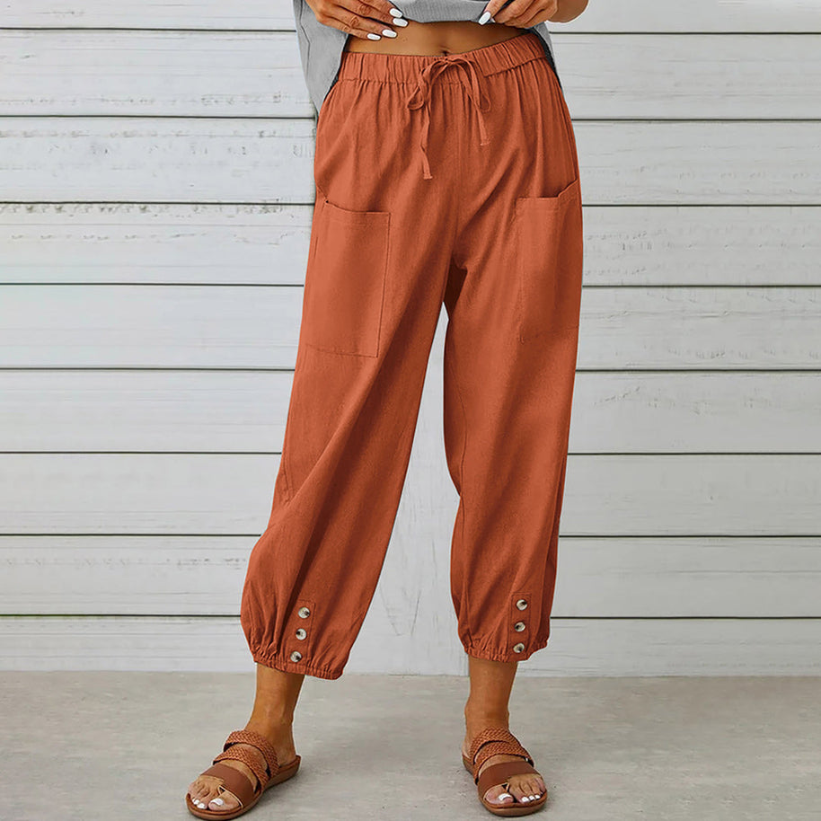 WW | kurze Damen-Overalls aus Baumwolle und Leinen mit Taschen und Knöpfen