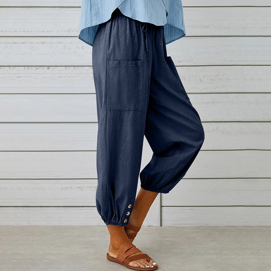 WW | kurze Damen-Overalls aus Baumwolle und Leinen mit Taschen und Knöpfen