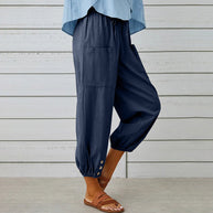 WW | kurze Damen-Overalls aus Baumwolle und Leinen mit Taschen und Knöpfen