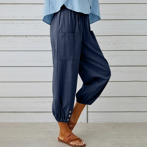 WW | kurze Damen-Overalls aus Baumwolle und Leinen mit Taschen und Knöpfen