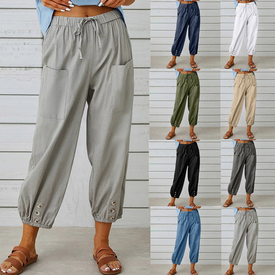 WW | kurze Damen-Overalls aus Baumwolle und Leinen mit Taschen und Knöpfen