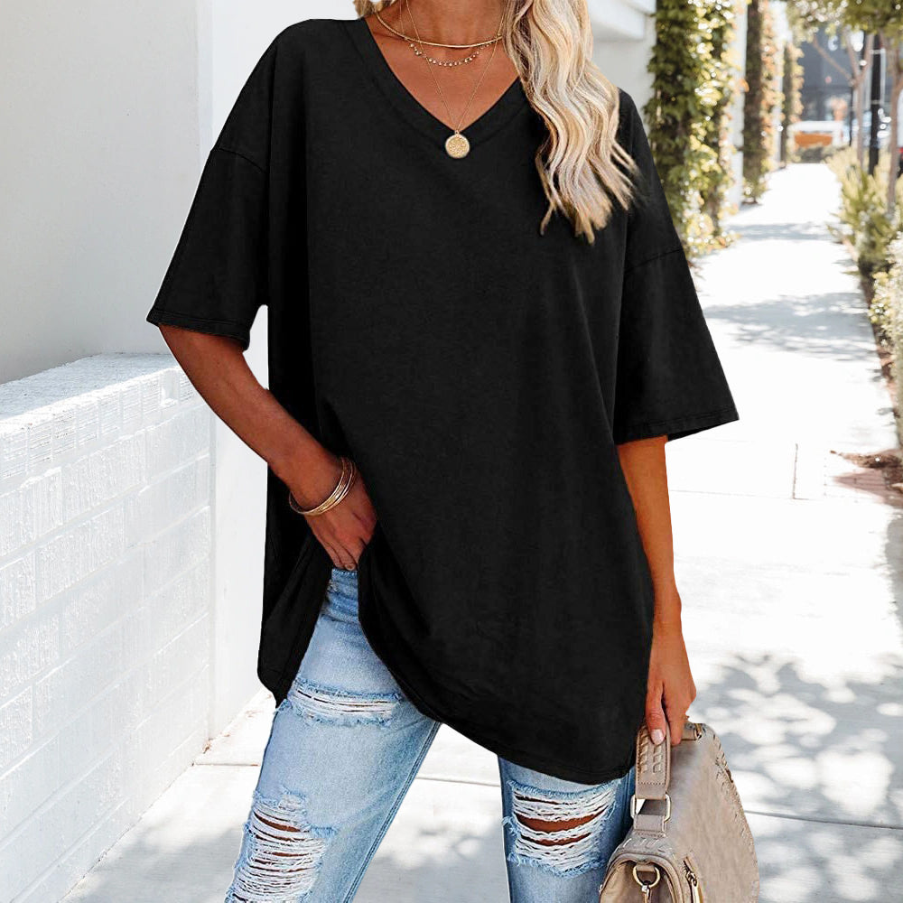 W&W Mode | einfarbiges neues Damen-T-Shirt aus Baumwolle mit V-Ausschnitt