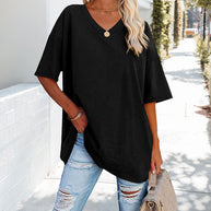 WW | einfarbiges neues Damen-T-Shirt aus Baumwolle mit V-Ausschnitt